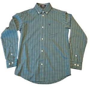 IZOD Kids M 10/12 Stretch Green Blue Plaid Button Down Long Sleeve Shirt Preppy